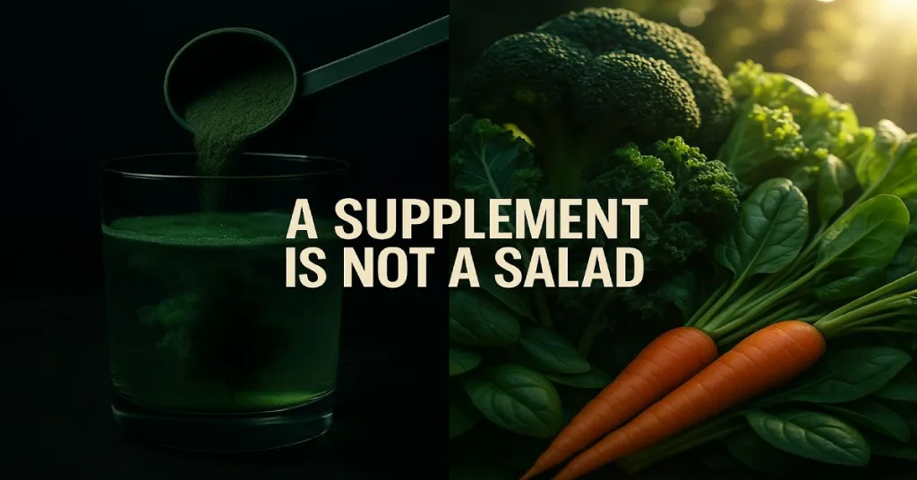 Dramatic side-by-side image contrasting Athletic Greens (AG1) powder with real vegetables, highlighting that supplements can’t replace whole foods.