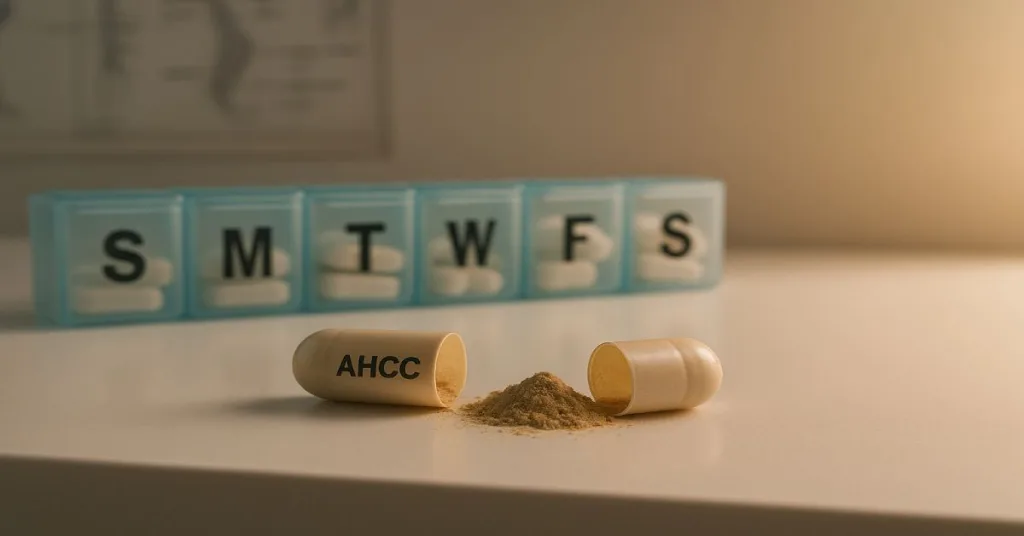 AHCC capsules and powder shown with a weekly pill organizer to illustrate daily dosage.
