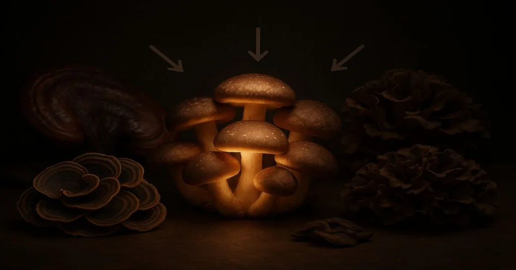 AHCC shiitake extract compared visually to reishi, turkey tail, and maitake mushrooms.