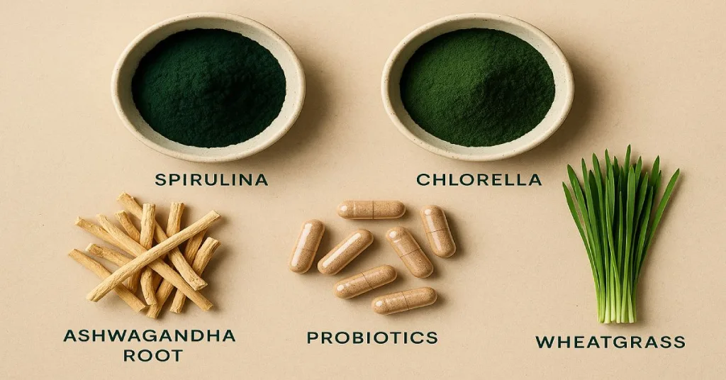 Core ingredients found in Athletic Greens (AG1) displayed in natural form.