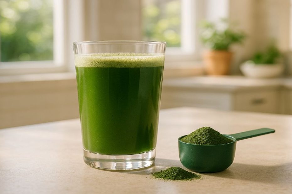 Athletic Greens (AG1) green powder drink with scoop in kitchen setting.