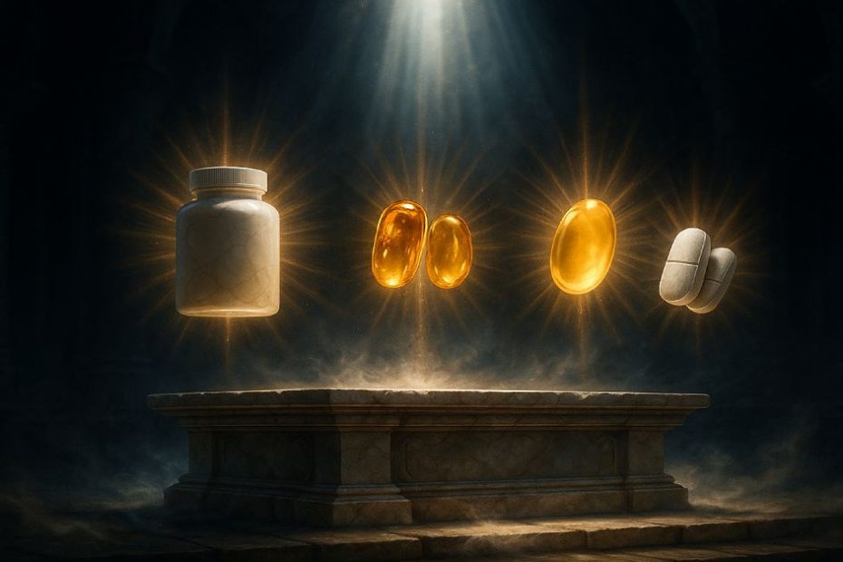 Epic display of multivitamin, vitamin D, omega-3, and magnesium glowing like legendary artifacts.