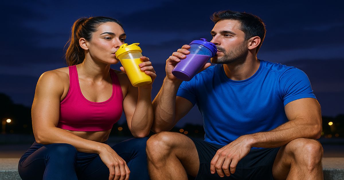 athletes resting after workout with recovery supplements at night