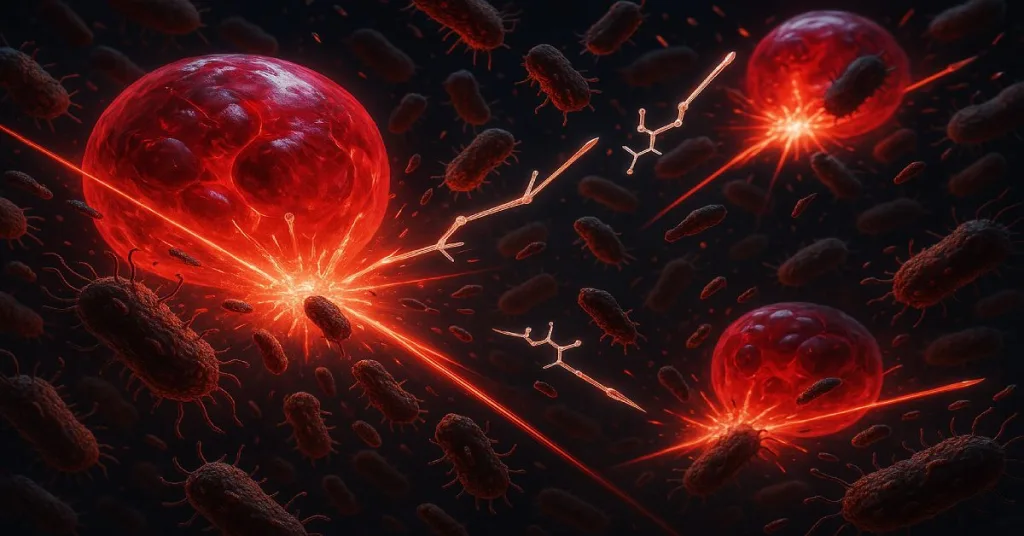 Epic 3D illustration of cranberries and D-mannose molecules destroying invading E. coli bacteria in a microscopic battle.