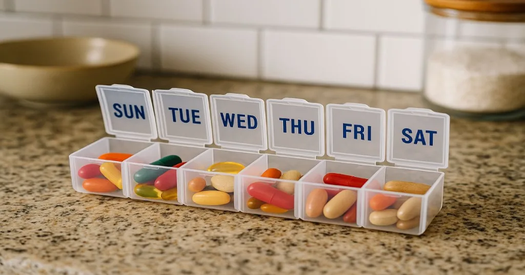 Pill organizer filled with daily heart health supplements