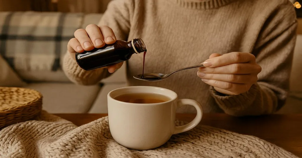 Taking elderberry syrup as a flu season supplement.