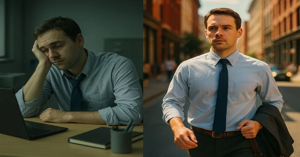 Before/after diptych illustrating steadier daytime energy and capacity.