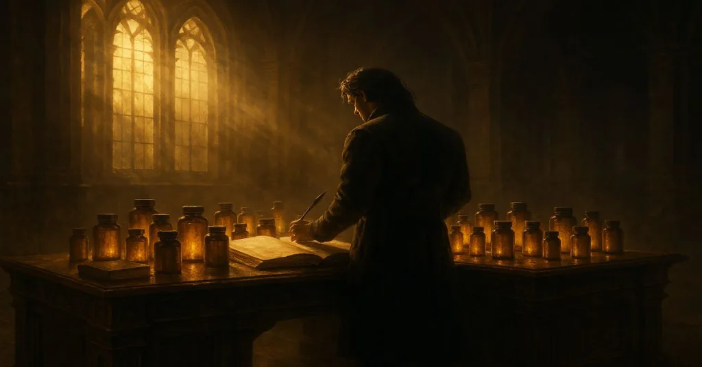 Heroic figure tracking supplement routine at a grand oak desk with glowing bottles.