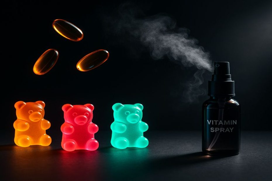 Futuristic supplement delivery formats with glowing gummies, sprays, and capsules.