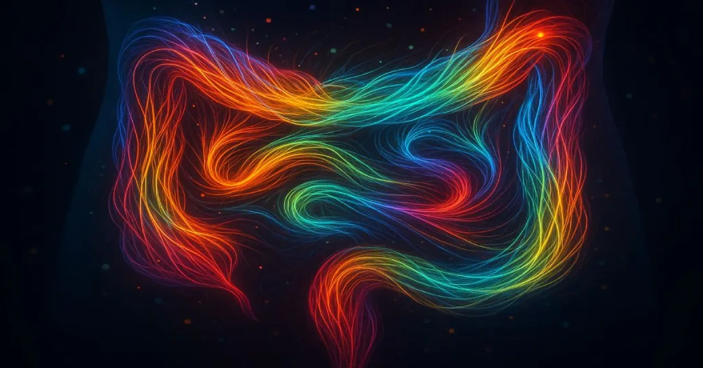 Gut microbiome concept art showing fiber impact from vegetables