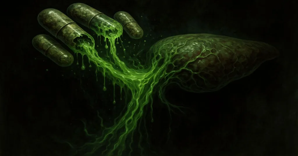 Herbal capsules dissolving into toxic fluid flowing into a liver shape.