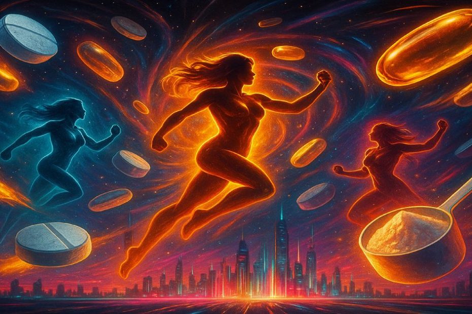 Epic Marvel-inspired artwork of women’s hormone supplements glowing like cosmic energy around heroic female figures.