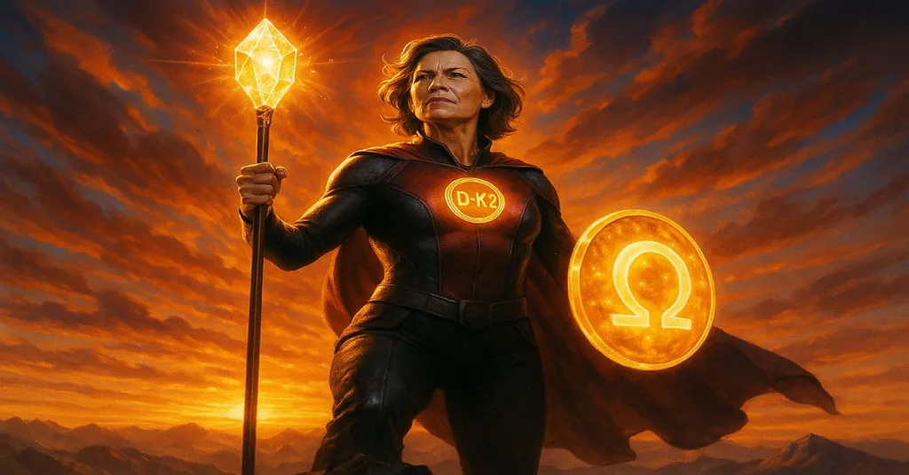 Epic superhero-style menopausal woman with glowing supplements as artifacts of strength and health.