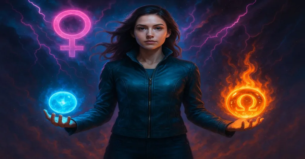 Superhero-inspired young woman holding glowing supplement orbs symbolizing hormone balance during PMS.