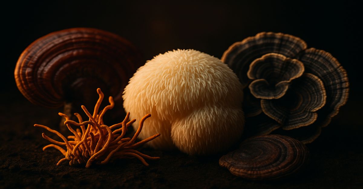 medicinal mushrooms reishi lion’s mane cordyceps turkey tail supplement