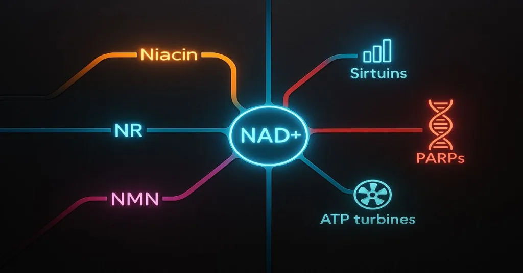 Metabolic “transit map” showing niacin, NR, and NMN converging into NAD+ with outputs to energy and repair.