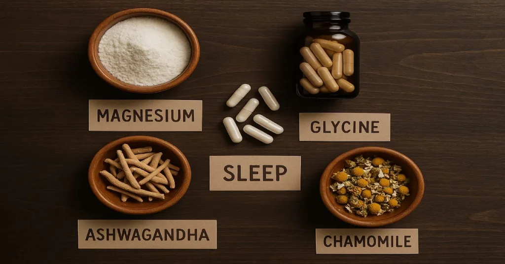 natural sleep supplements magnesium glycine and herbal extracts on table