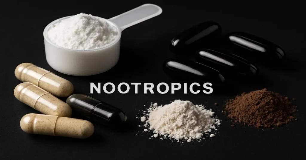 assortment of nootropic supplements including capsules powders and creatine scoop