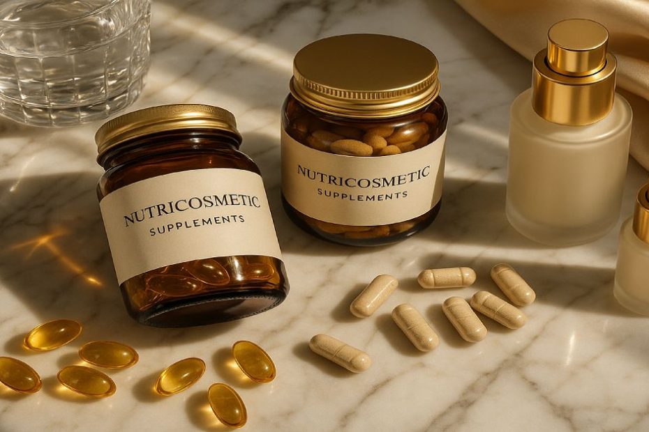Luxury nutricosmetics and beauty supplements styled with skincare products.