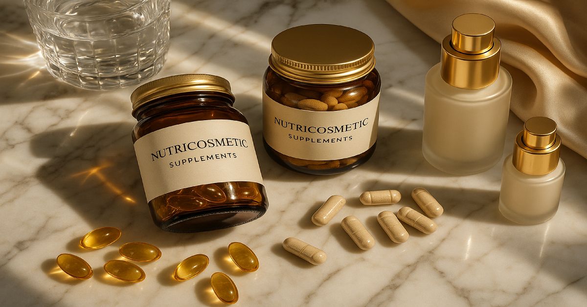 Luxury nutricosmetics and beauty supplements styled with skincare products.