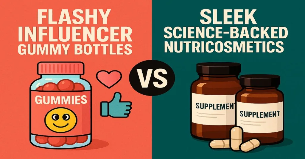 Infographic comparing influencer gummies with real science-backed nutricosmetics.