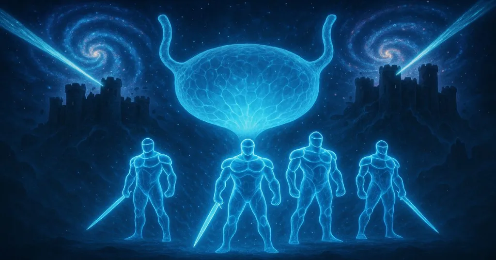 Epic concept art of glowing probiotic guardians and NAC beams protecting bladder and breaking bacterial biofilms.