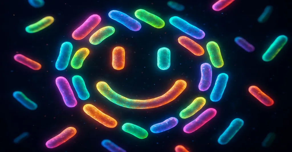 Artistic visualization of probiotic bacteria forming a smiling face to represent mood-boosting psychobiotics