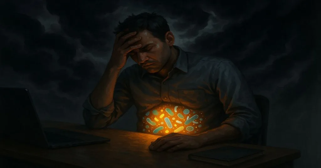Concept art of gut health glowing brightly while stress fades away, symbolizing psychobiotics