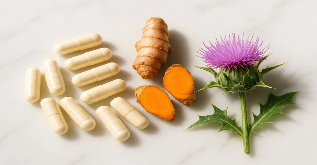 NAC, turmeric root, and milk thistle as safer liver support supplements.