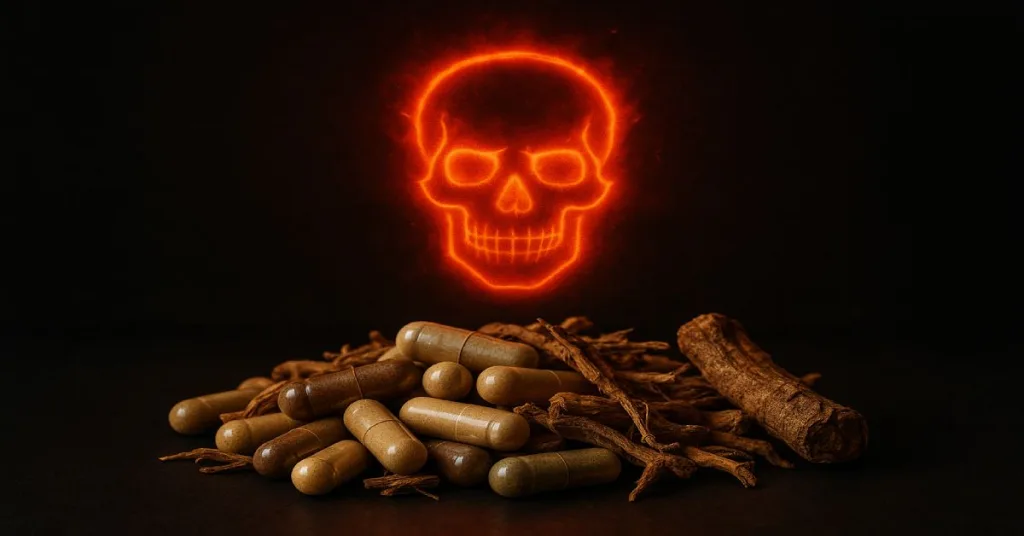Danger symbol above herbal supplements linked to liver injury.