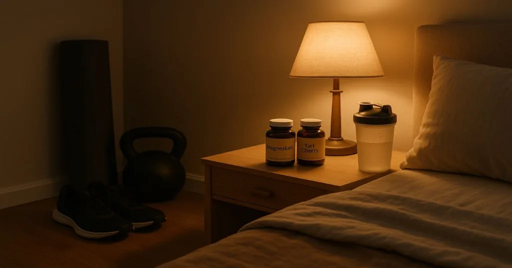 bedroom recovery setup with supplements and protein shaker for better sleep