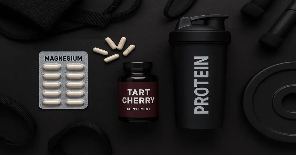 sleep and recovery supplements flat lay with protein shaker and magnesium