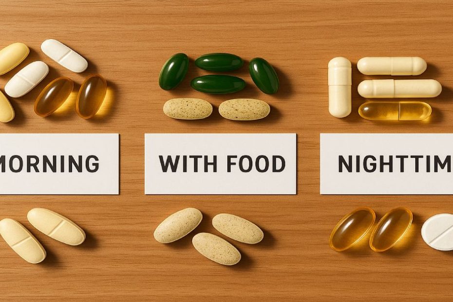 Flat lay image of supplements arranged by timing for maximum absorption