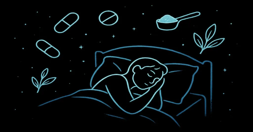 abstract image of supplements as stars around a sleeping person symbolizing insomnia relief