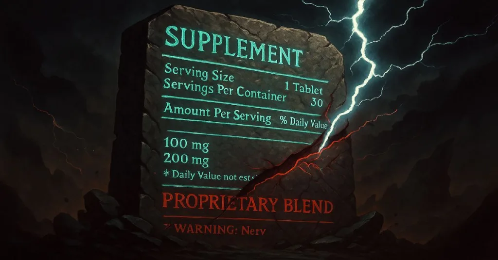 Monumental stone tablet engraved with supplement facts, lightning striking through a proprietary blend warning.
