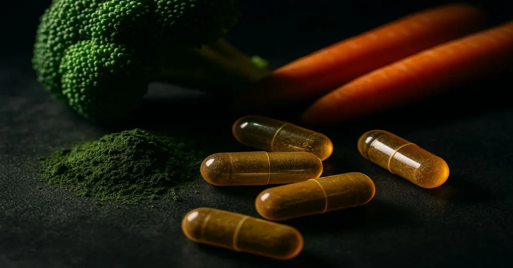 Supplements and green powders next to fresh vegetables for comparison