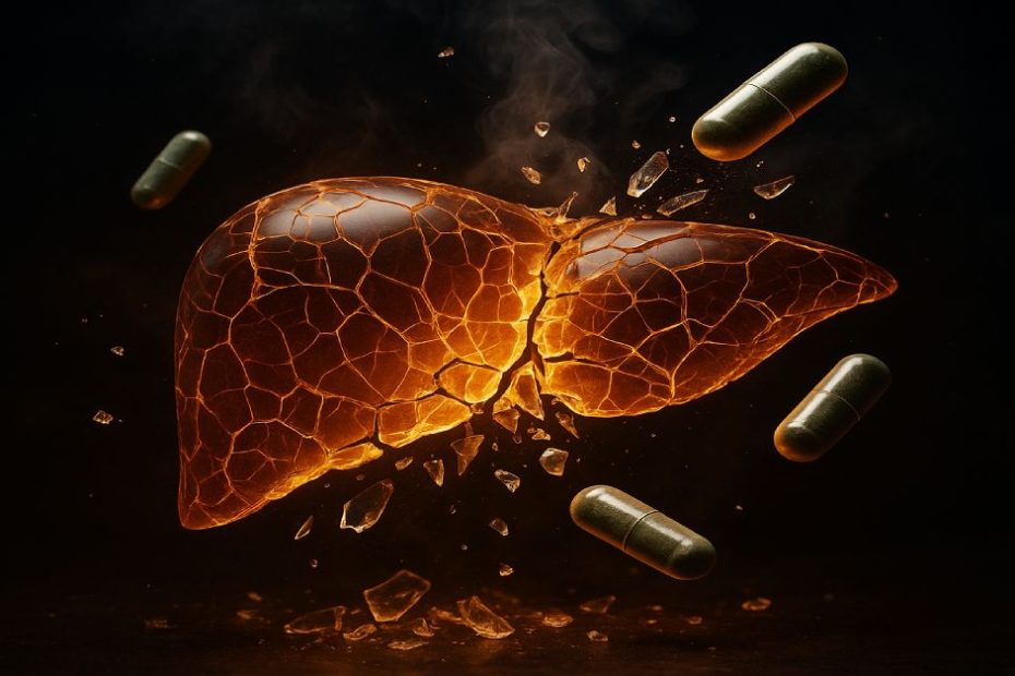 Shattered glass liver breaking under the weight of herbal supplements.