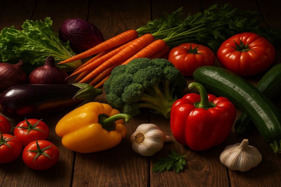 Fresh colorful vegetables spread across wooden table representing natural nutrition