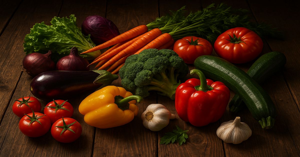 Fresh colorful vegetables spread across wooden table representing natural nutrition