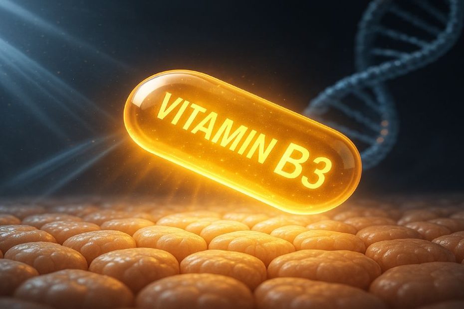 Vitamin B3 capsule symbolizing protection against skin cancer.
