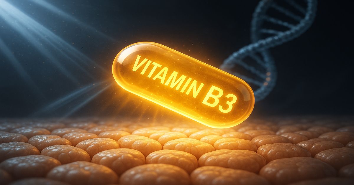 Vitamin B3 capsule symbolizing protection against skin cancer.
