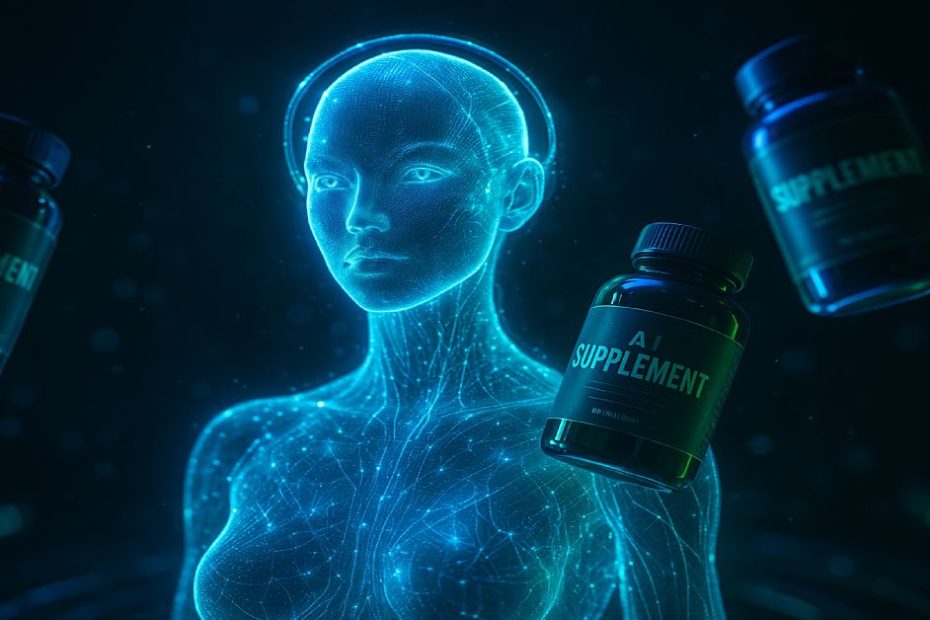 Futuristic AI hologram with supplements, cinematic style
