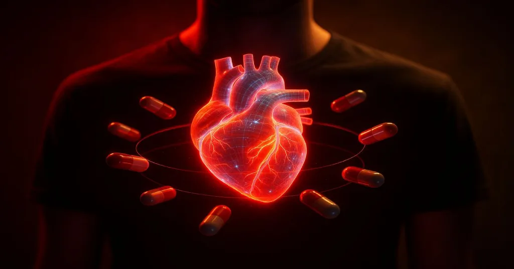 Cinematic holographic heart with supplements orbiting