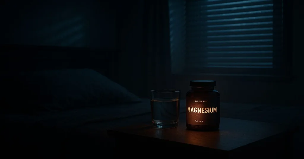 Cinematic night scene with magnesium supplement bottle on nightstand