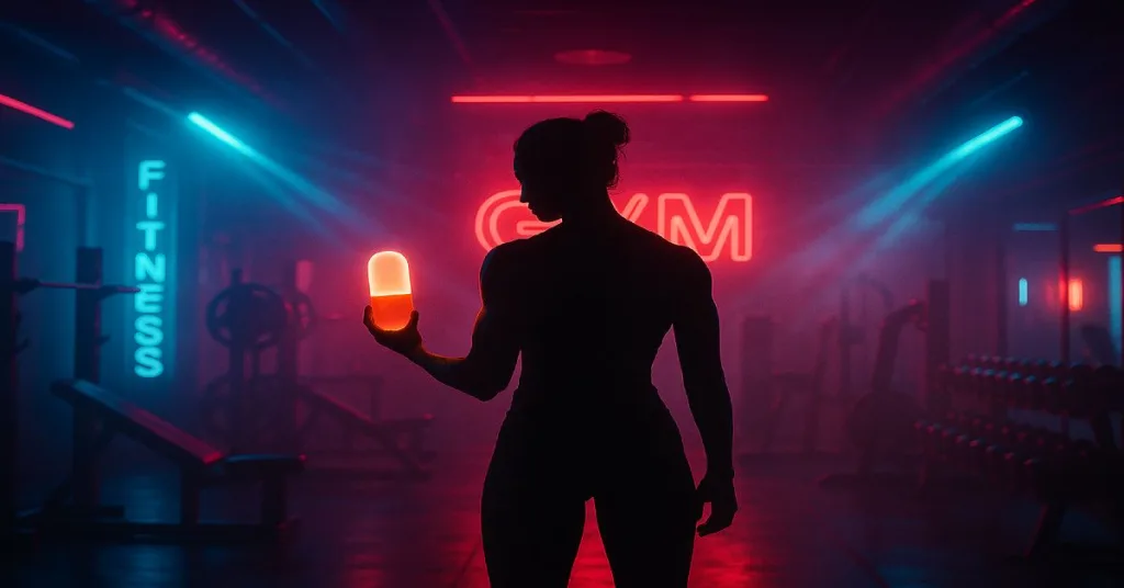 Cinematic neon gym with glowing supplement capsule