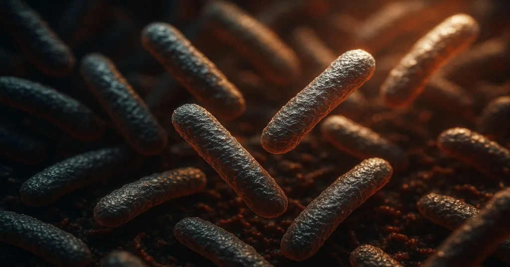 Cinematic macro of beneficial bacteria including Akkermansia muciniphila, symbolizing next-generation gut health and postbiotic research for 2026