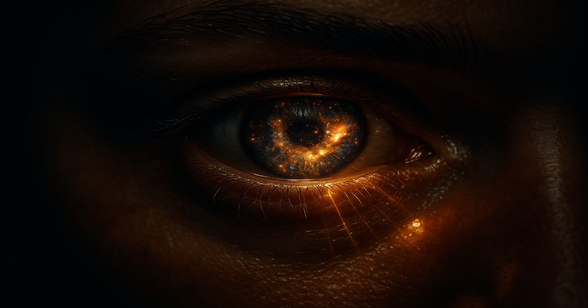 cinematic glowing human eye with galaxy reflection symbolizing vision health