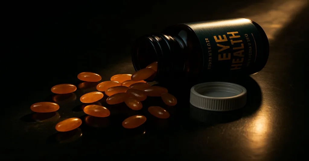 cinematic still life of eye health supplements with dramatic lighting