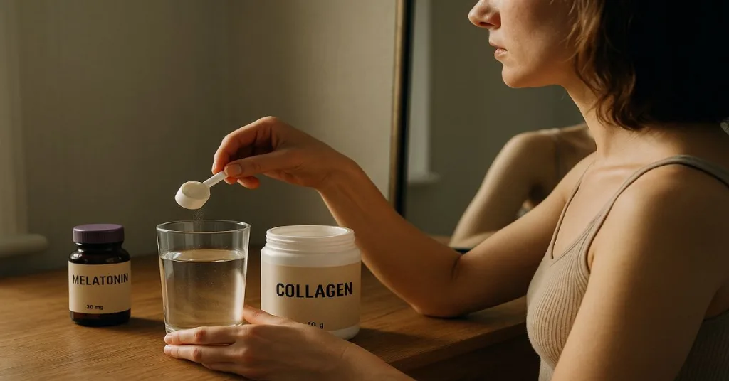 woman preparing collagen and melatonin supplements while looking at her reflection