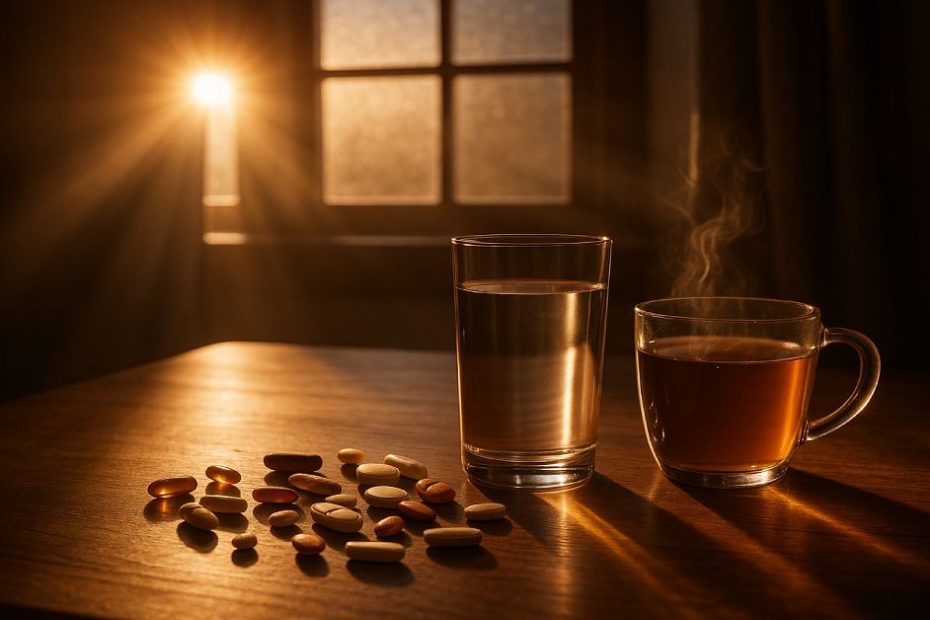 Epic morning fasting scene with supplements and sunlight